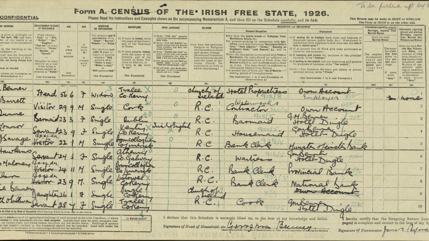 A 1926 Irish Free State census form listing household members’ names, relationships, ages, occupations, religions, birthplaces, and other demographic details in handwritten text.